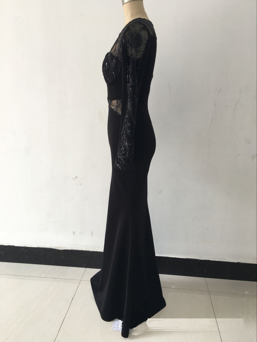 W25044  2016 New Arrival Sexy Long Sleeve Lace Black Maxi Dress